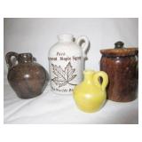 4 MINATURES: 4" MAPLE SYRUP JUG, 3" CROCK W/LID,