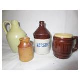 4 MINIATURES: 3 1/2" "MERCURY" CROCK, 3 1/2" JUG,