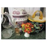 CERAMIC WALL BASKET, CERAMIC TEA POT (NO LID)