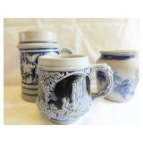 2 BLUE AND GRAY SALT GLAZED MUGS AND 1 BLUE AND