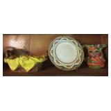 CERAMIC PITCHER, PLATE AND BASKET