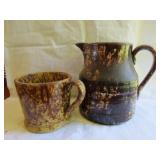 BROWN SPONGEWARE TEA POT AND MUG