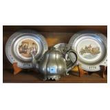 PEWTER TEA POT, COLLECTOR PLATES, ETC.