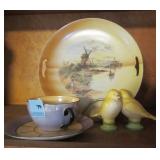 GROUPING: CUP AND SAUCER, PLATE, BIRD SALT