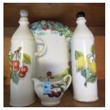2 CERAMIC BOTTLES, TEA POT AND PLATTER