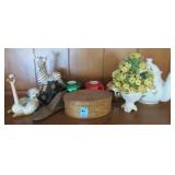 WOODEN PANTRY BOX, FIGURINES, TEA POT, ETC.