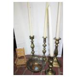 4 BRASS CANDLESTICKS, BOWL, MINI ROCKING CHAIR