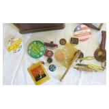 WOODEN BOX WITH POLITICAL PINS, TOKENS, ETC.