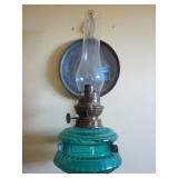 COLORED GLASS OIL LAMP WITH PEWTER REFLECTOR