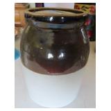 BROWN AND WHITE STORAGE CROCK - 1/2 GAL.