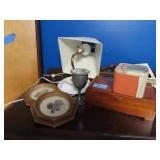 GROUPING: CEDAR JEWLERY BOX, MILK GLASS LAMP,