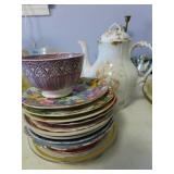 GROUPING: CERAMIC SAUCERS, TEAPOT, ETC
