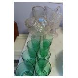 GROUPING: GREEN TUMBLERS, CRYSTAL BOWL, VASE,