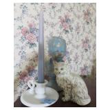 CERAMIC CAT, CERAMIC BUST, AND CANDLE STICK