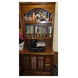 OAK BOOKCASE WITH CABLES, HEADPHONES, OTHER