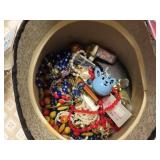 HAT BOX WITH COSTUME JEWELRY, BABY RATTLE, ETC