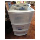 3 DOOR PLASTIC STORAGE CABINET, CERAMIC PIECES,