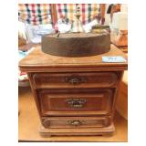 JEWELRY BOX, SAD IRON, TURKISH COFFEE POT, AND