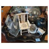 24" PAINTED TIN TRAY AND GLASSWARE