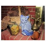 BASKET OF PINE CONES, CERAMIC CAT, BRASS