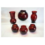 SIX RUBY RED VASES