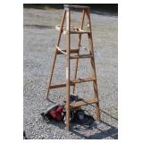 WOOD STEP LADDER AND ASSORTED HAND TOOLS