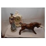 CLOCK,BULL, LADY FIGURINE