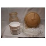 LAMP SHADE, 4 BOWLS, PITCHER ETC