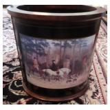 WOODEN WASTE RECEPTACLE WITH HUNT SCENE FRONT