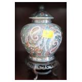 ASIAN TEMPLE JAR ON WOOD STAND WITH LID