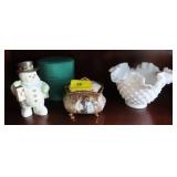 LENOX SNOWMAN, HOBNAIL MILKGLASS BOWL, DEORATIVE