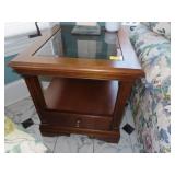 WALNUT SINGLE DRAWER BEVELED GLASS TOP END TABLE