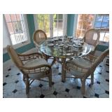 RATTAN DINETTE TABLE W/GLASS TOP AND 4 CHAIRS