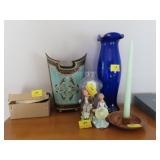 14" COBALT BLUE VASE, 2 CANDLE STICKS, 11" METAL