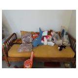 ANTIQUE TWIN BED, THROW PILLOWS, STUFFED ANIMALS,