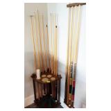 POOL CUES, RACKS, BRIDGE, ETC