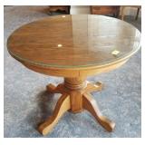 OAK PEDESTAL DINETTE TABLE WITH GLASS TOP