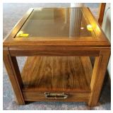 PAIR OF BASSETT 1 DRAWER GLASS TOP END TABLES