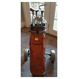 GOLF CLUBS AND PULL CART MACGREGOR 3 WOODS, 7 IRON