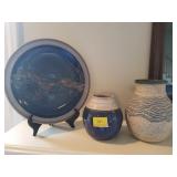 2 CRAFT MADE CERAMIC VASES AND 12" PLATE