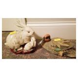 CERAMIC BUNNY RABBIT FIGURINE AND CERAMIC DUCK