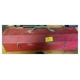 RED TOOL BOX WITH SOCKETS, NUTS AND BOLTS