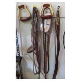 COLLECTION OF HORSE TACK: LEAD LINES, STIRRUPS, BR