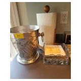 ALUMINUM ICE BUCKET, CRYSTAL NAPKIN HOLDER, AND WO