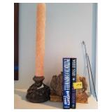 CANDLE HOLDER AND CANDLE, BOOK ENDS AND BOOKS