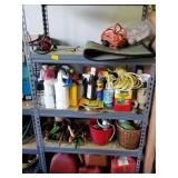 2 METAL SHELVES WITH GARDENING SUPPLIES AND GAS