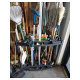 PLASTIC TOOL RACK WITH HOE, POST HOLE DIGGERS, CLE