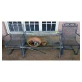 2 WROUGHT IRON PATIO CHAIRS AND PARK BENCH