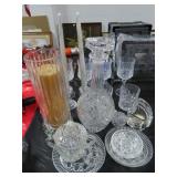 CRYSTAL DECANTER, GOBLETS, CANDLESTICKS, VASE,