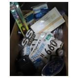 LICENSE PLATES, CAR EMBLEMS, TIRE GUAGE, ETC.